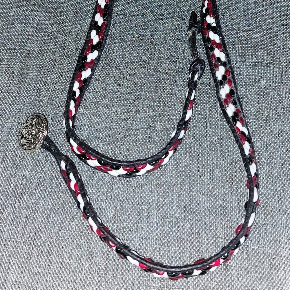 Leather bound 22" beaded wrap bracelet with button clasp